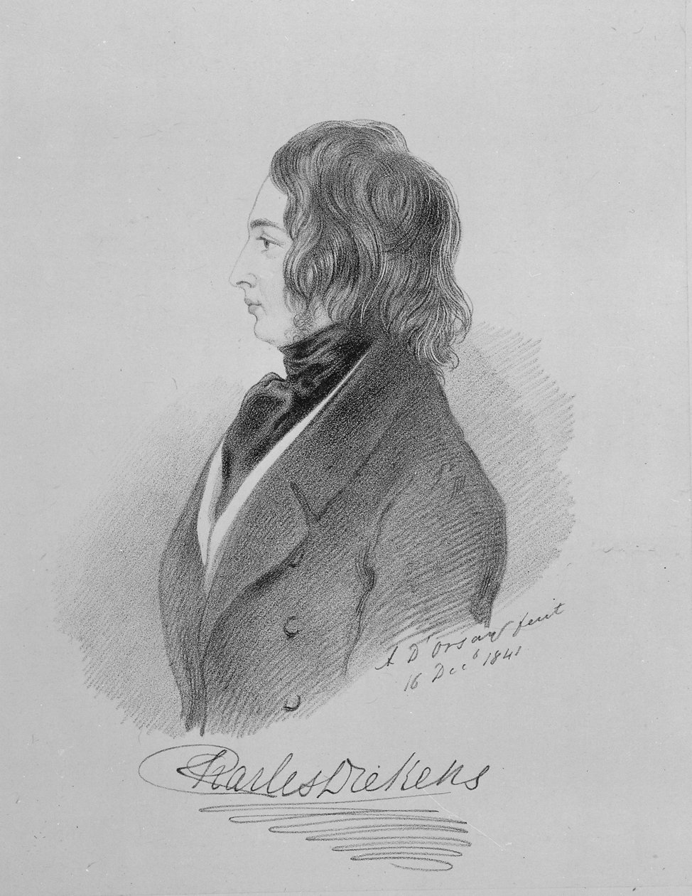 Portrett av Charles Dickens (1812-70) 16. desember 1841 (kull på papir) av Alfred d