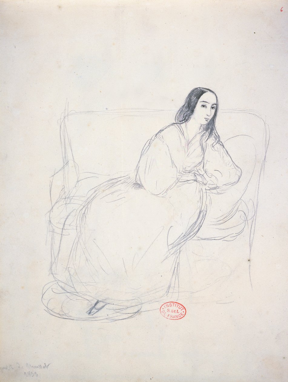 George Sand (1804-1876) sittende på en sofa, 1833 av Alfred de Musset