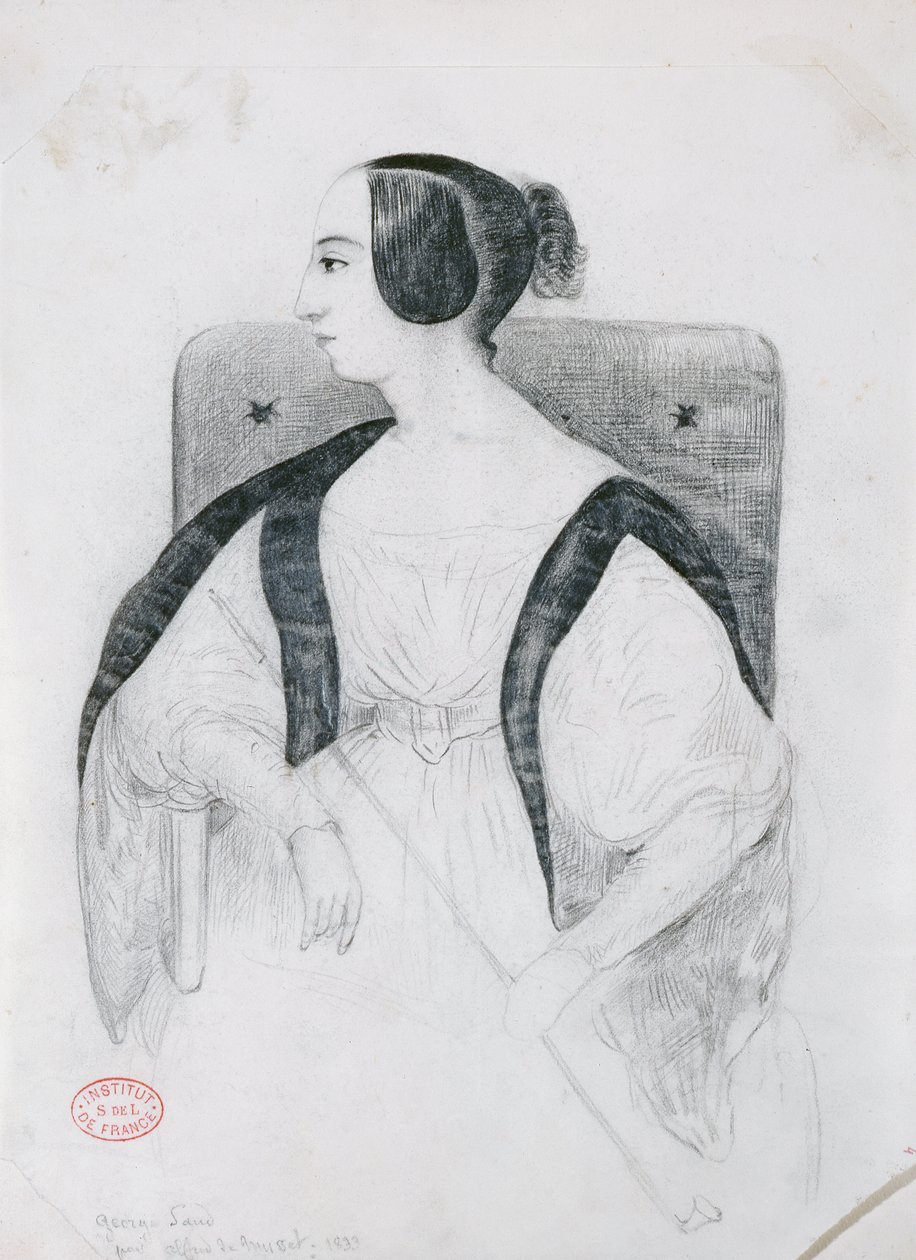 George Sand (1804-76) Sittende i en lenestol, 1833 av Alfred de Musset