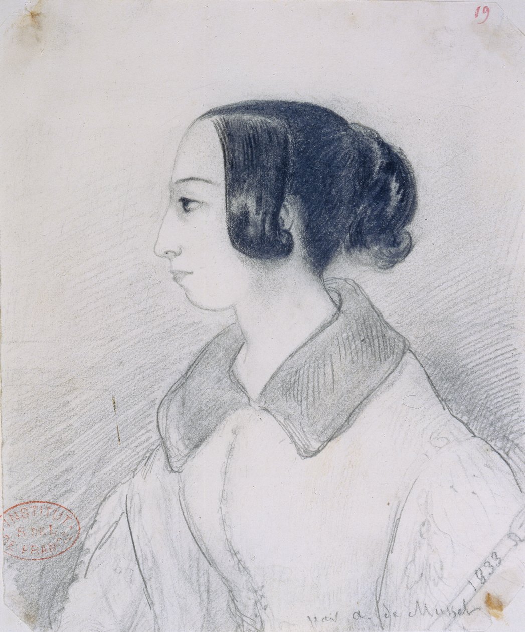 George Sand (1804-76) i profil, 1833 av Alfred de Musset