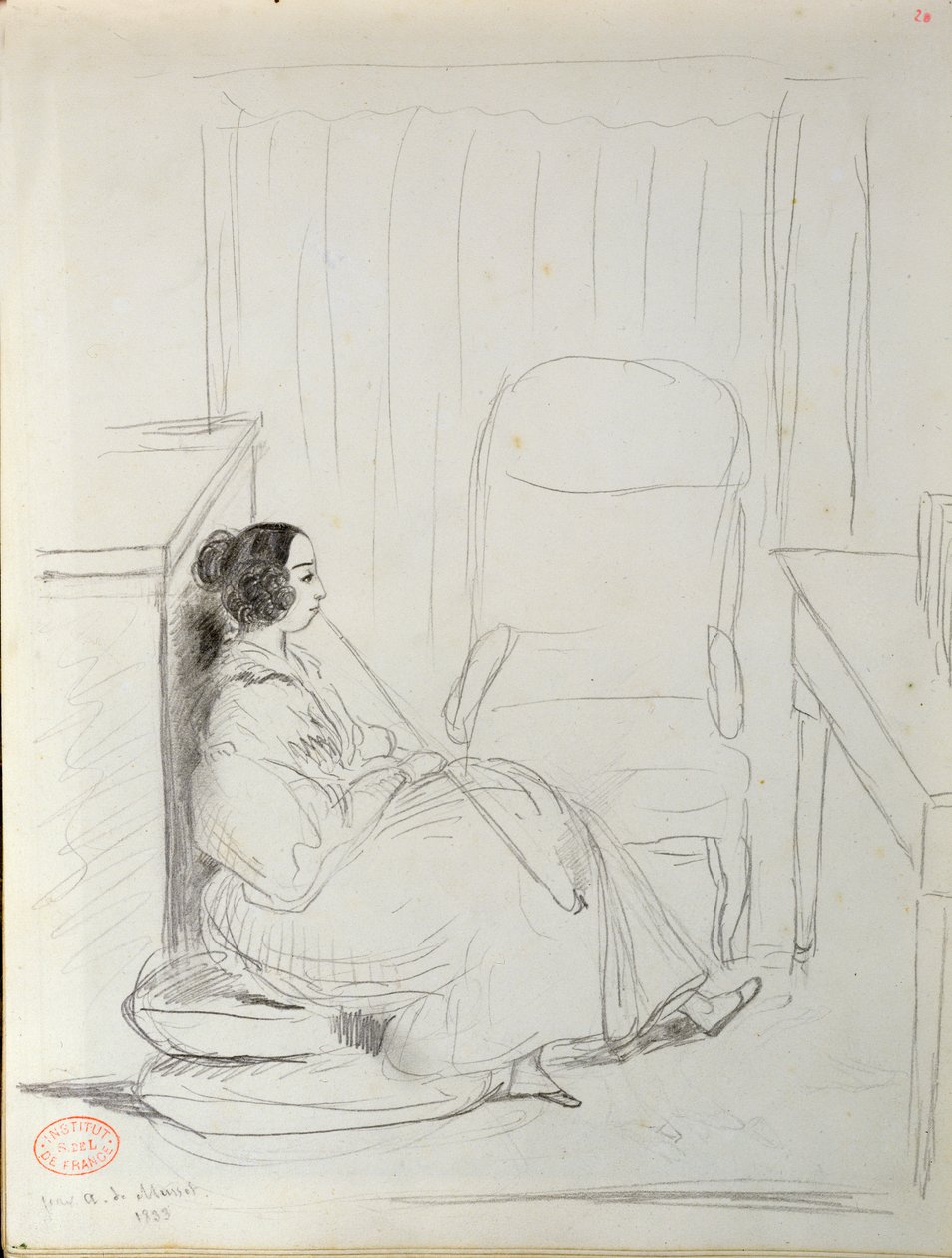 George Sand (1804-76) satt og røykte pipe, 1833 av Alfred de Musset