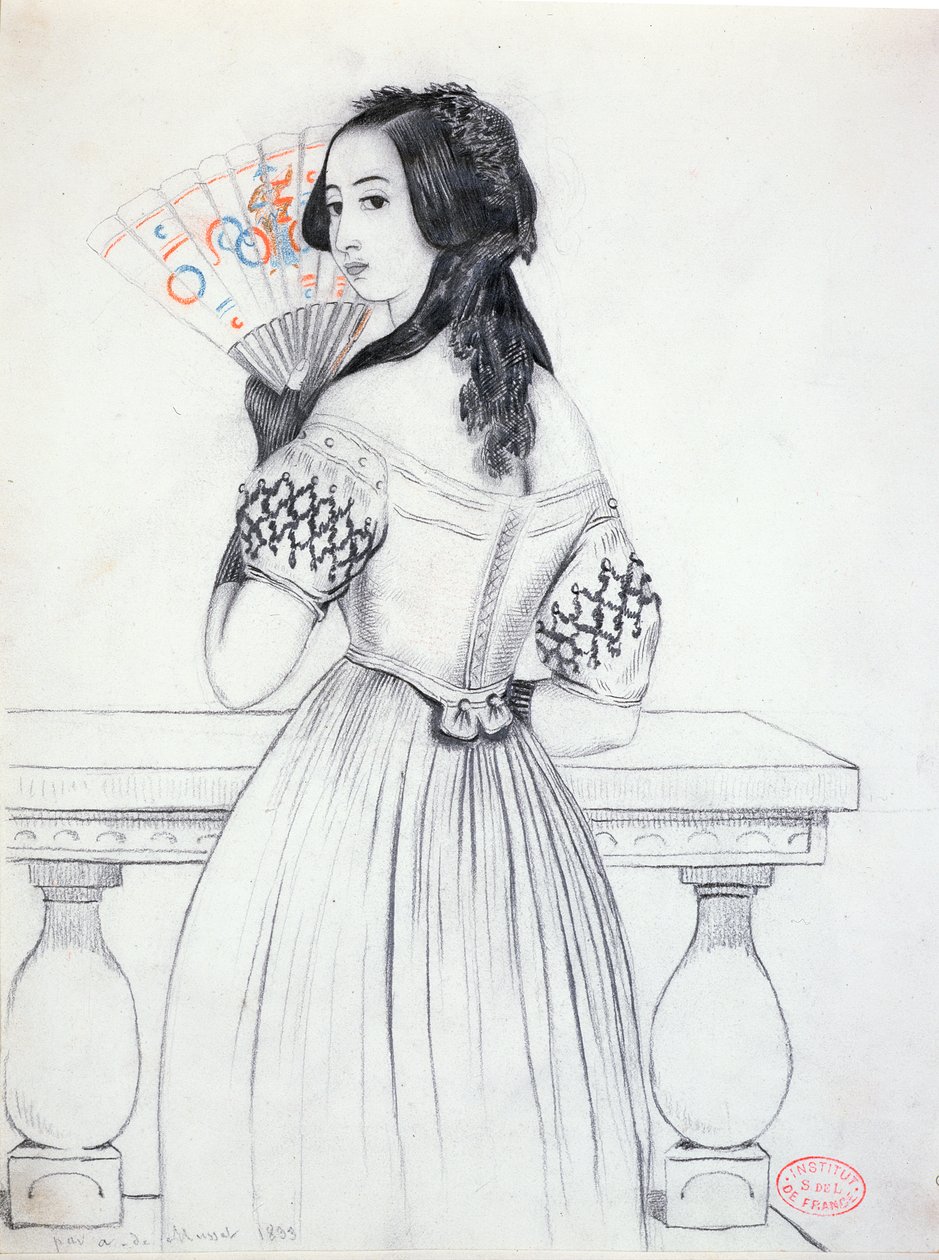 George Sand (1804-76) med en vifte, 1833 av Alfred de Musset