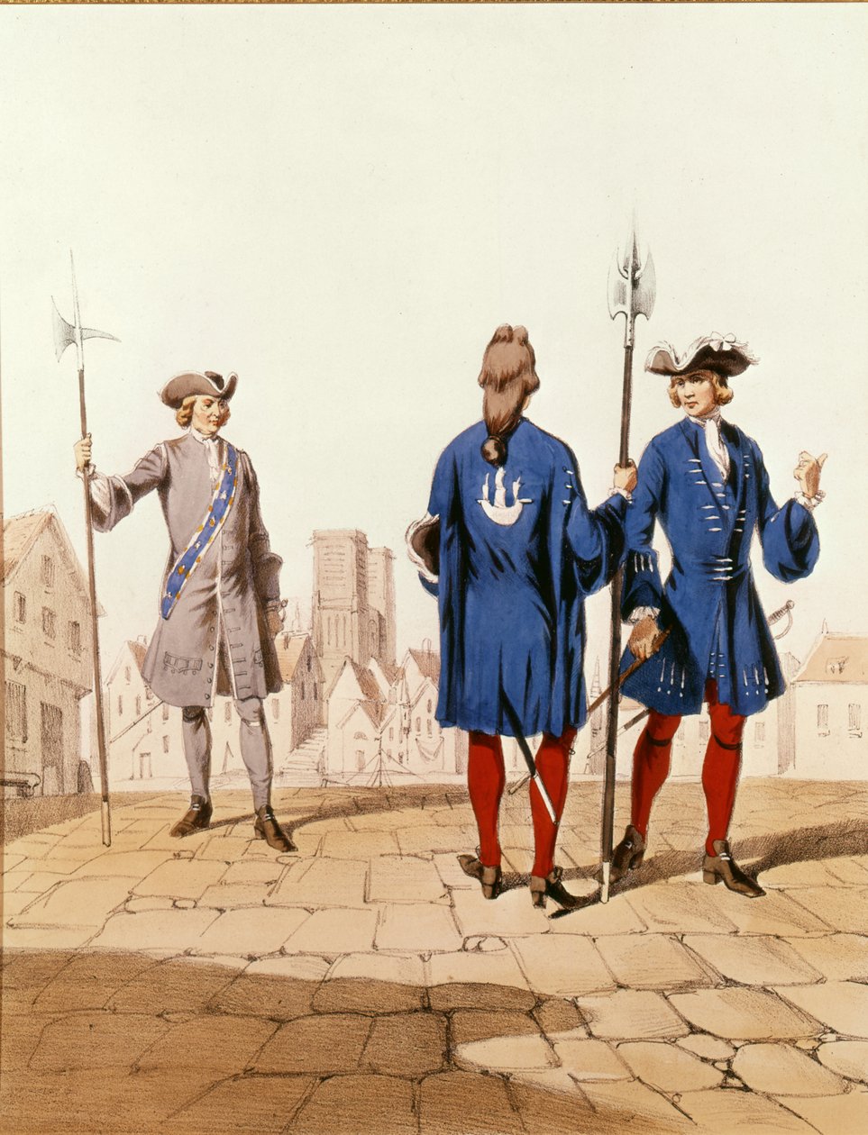 Parisiske tropper fra det attende århundre: Byens vaktmann og bueskyttere i seremoniell uniform, gravert av D. Noirmont av Alfred de after Marbot