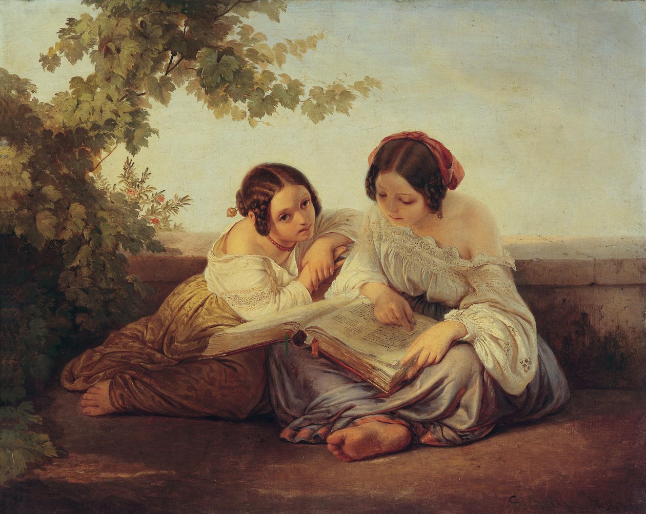 To lesende jenter foran en landskapsbakgrunn av Alfred von Schüssler