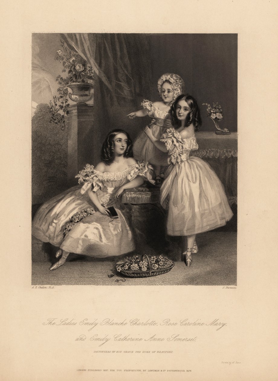 Portrett av Emily Blanche Charlotte, Rose Caroline og Emily Catherine Anne Somerset, døtre til Henry Somerset, 7. hertug av Beaufort. Tre unge søstre med ringlets i satengkjoler med bånd og blonder, ballettsko. Stålgravering av J. Thomson a av Alfred Edward (after) Chalon