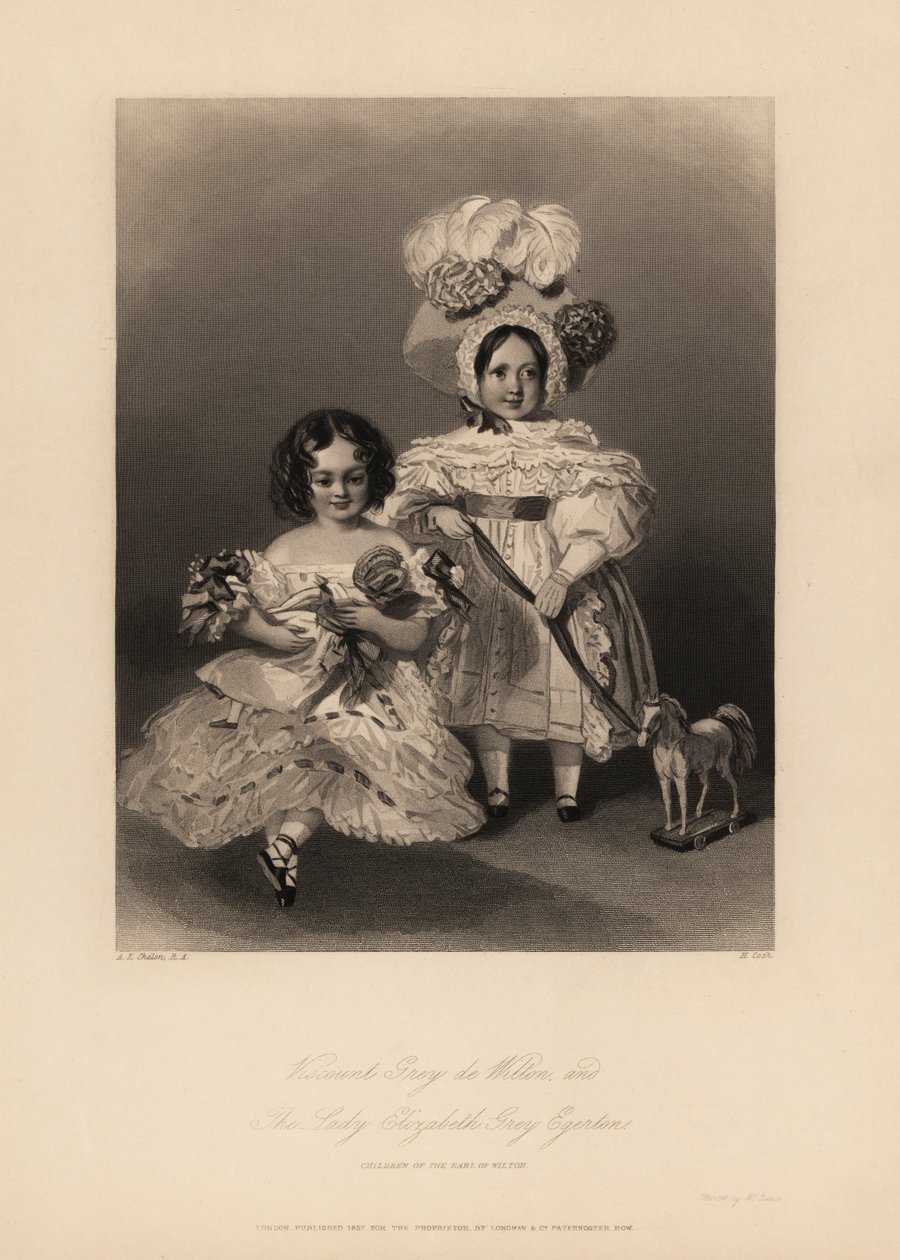 Viscount Gray de Wilton og Elizabeth Gray Egerton, barn av Thomas Egerton, 2. jarl av Wilton. Datter i ringlets og frilly kjole som holder en dukke, og sønn i kjole og fjærpanser holder et bånd knyttet til en lekehest. Stålgravering av Henry av Alfred Edward (after) Chalon