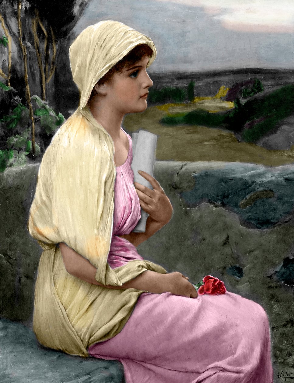 Portrett av Hypatia of Alexandria (370-415) matematiker og filosof etter et maleri av Alfred Seifert (1850-1901) (Alexandrine greske neoplatonistiske filosofen Hypatia) Privat samling av Alfred (after) Seifert