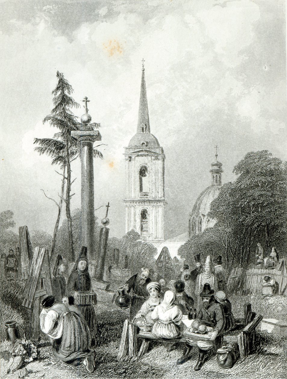 Kirkegården til Smolensko-kirken, gravert av E.Smith av Alfred (after) Vickers