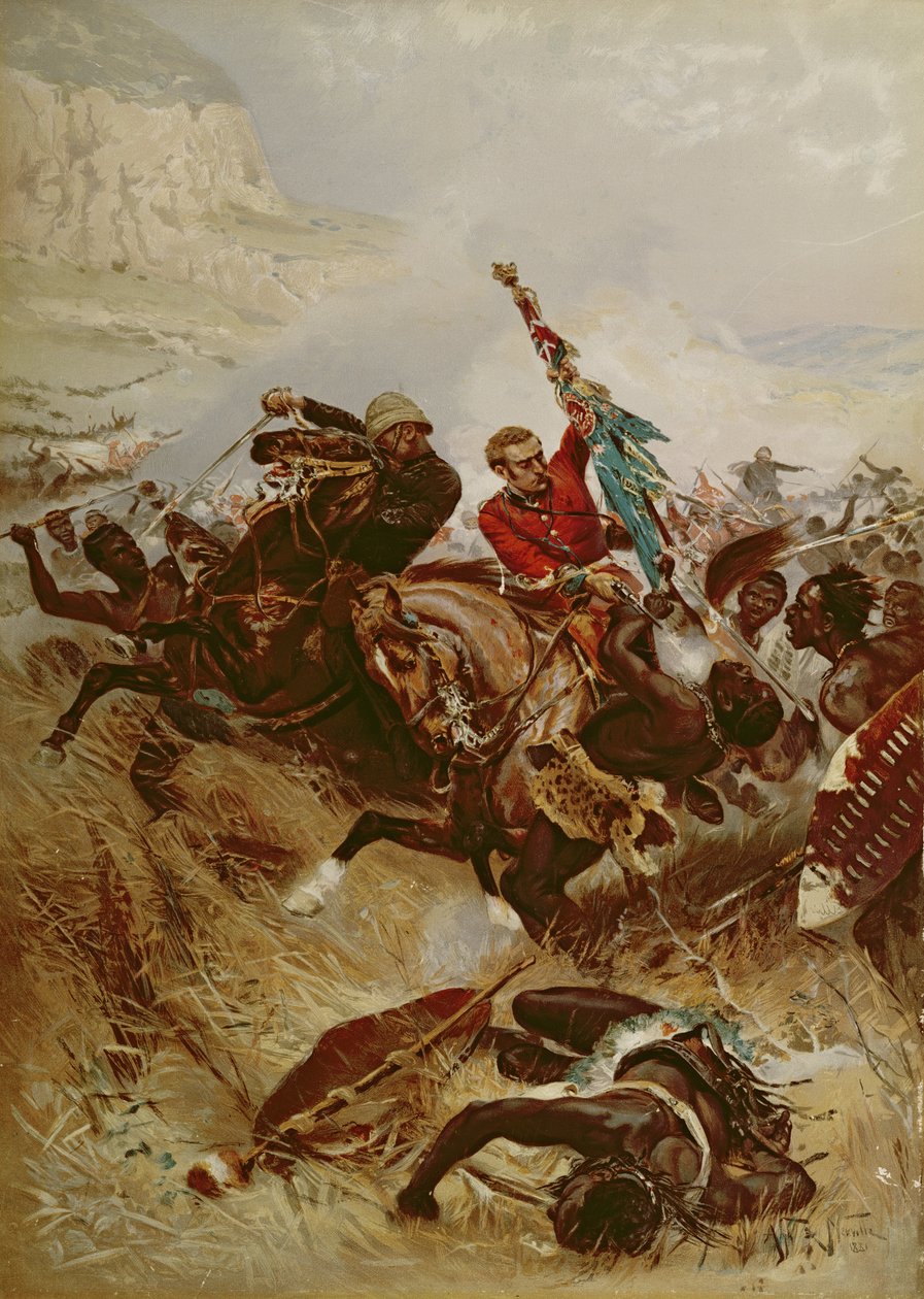 Løytnantene Nelville og Coghill redder fargene, 1881 (oleograf) av Alfred A.B. de Neauville