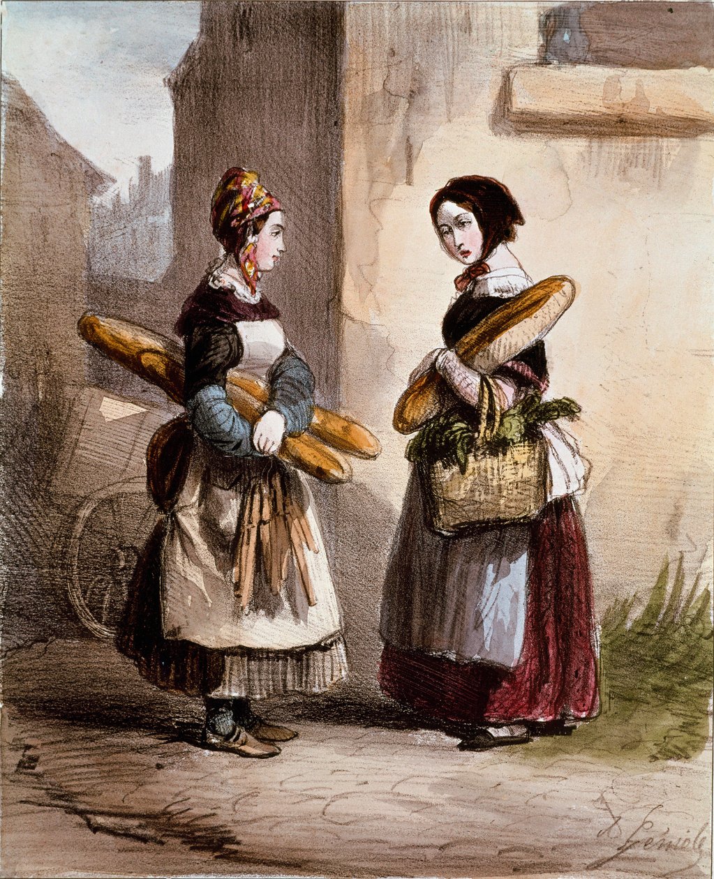Små metiers: bakeriet. Ung gående brødhandler. Trykk av Alfred Andre Geniole (1813-1861) fra «Les femmes de Paris» 1841-1842 Paris, Musee Carnavalet av Alfred Andre Geniole