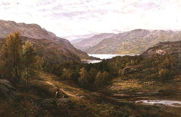 En gjetergutt med hunden sin i et høylandslandskap av Alfred Augustus Glendening