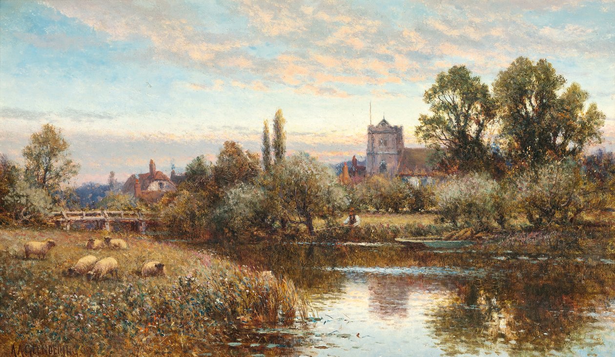 Sauer på beite før Wrotham Church, skumring av Alfred Augustus Glendening