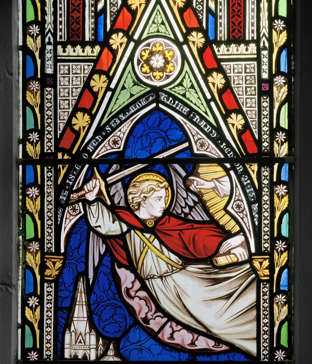Engelen som holder sverdet ved treskegulvet i Araunah, 1856 (farget glass) av Alfred Bell