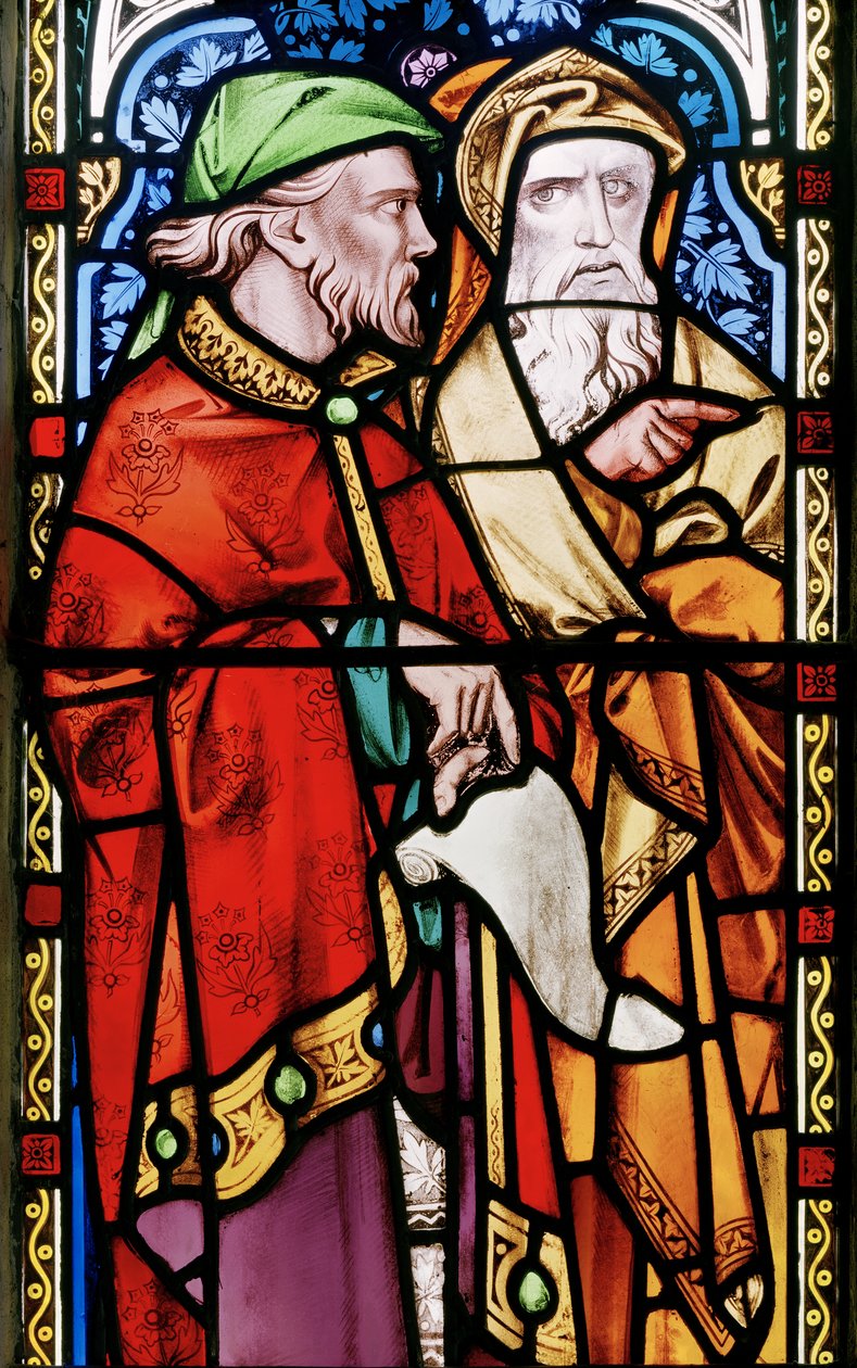 To menn som lytter til Johannes Døperen Preaching, detalj fra østvinduet, 1857 (farget glass) av Alfred Bell