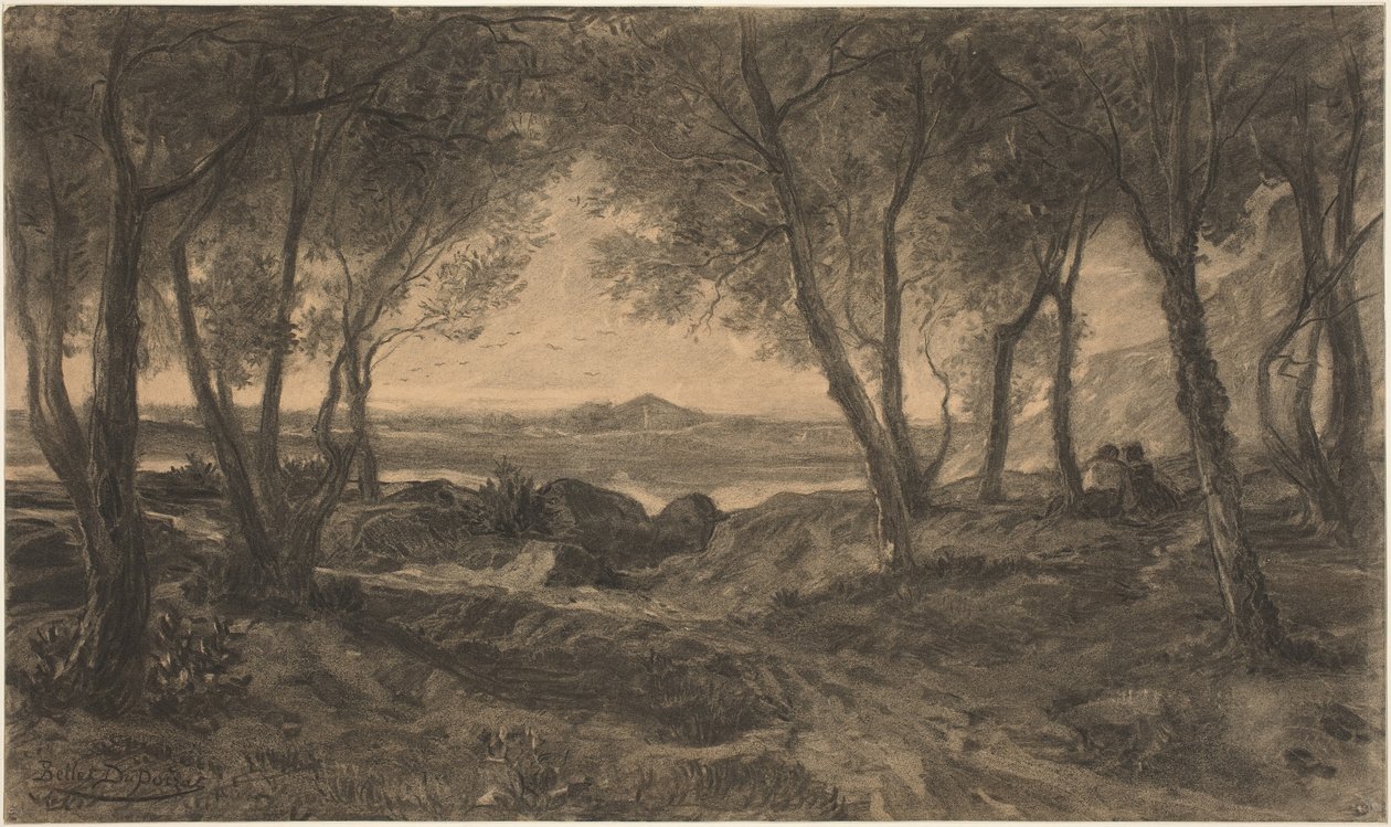 Et par sitter blant trær over en innsjø av Alfred Bellet du Poisat