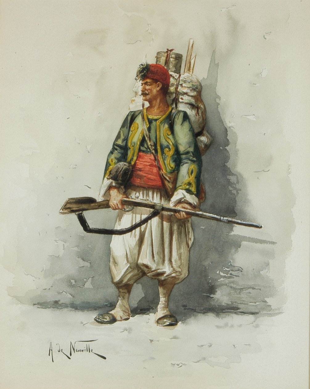 Militærfigur (w/c og vask om bord) av Alfred Brunel de Neuville