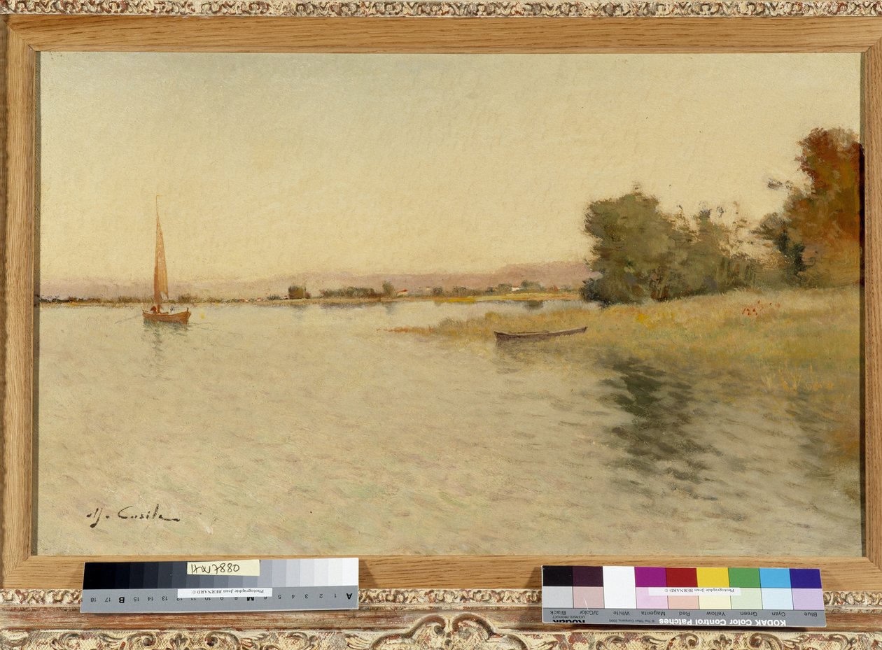 Båt og seilbåt ved bredden av innsjøen Maleri av Alfred Casile (1848-1909) 1900-tallet Obligatorisk omtale: Samlingsstiftelsen mv de Provence, Marseille av Alfred Casile