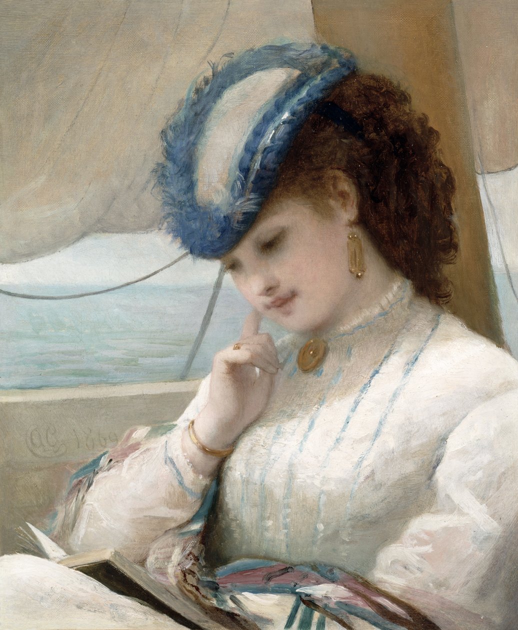 En jente som leser i en seilbåt av Alfred Chantrey Corbould