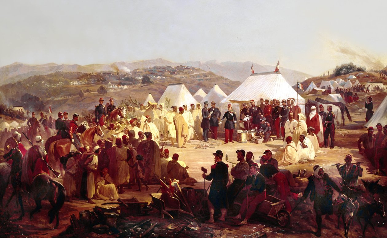 Erobringen av Algerie: overgivelse av Beni Raten-stammen fra Kabylia til den franske marskalken Randon (1795-1871) i 1854 av Alfred Charles Ferdinand Decaen