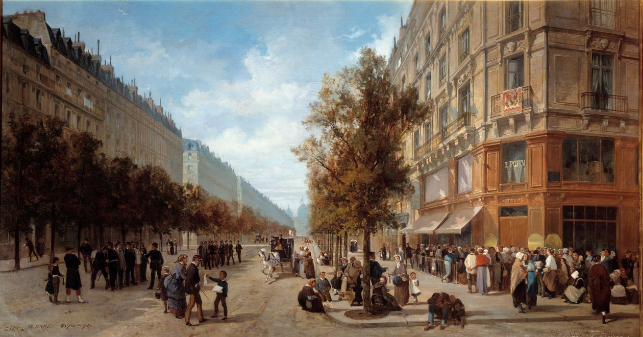 Paris hovedkvarter: "" Kø ved døren til en dagligvarebutikk (Felix Potin) på hjørnet av Rue Reaumur og Boulevard Sebastopol i november 1870"" Maleri av Alfred Decaen (1820-1893) 1870 Dim. 1x0,7 m Paris, Musee Carnavalet av Alfred Charles Ferdinand Decaen