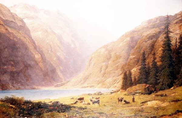 Et fjellrikt innsjølandskap med storfe av Alfred Chavannes