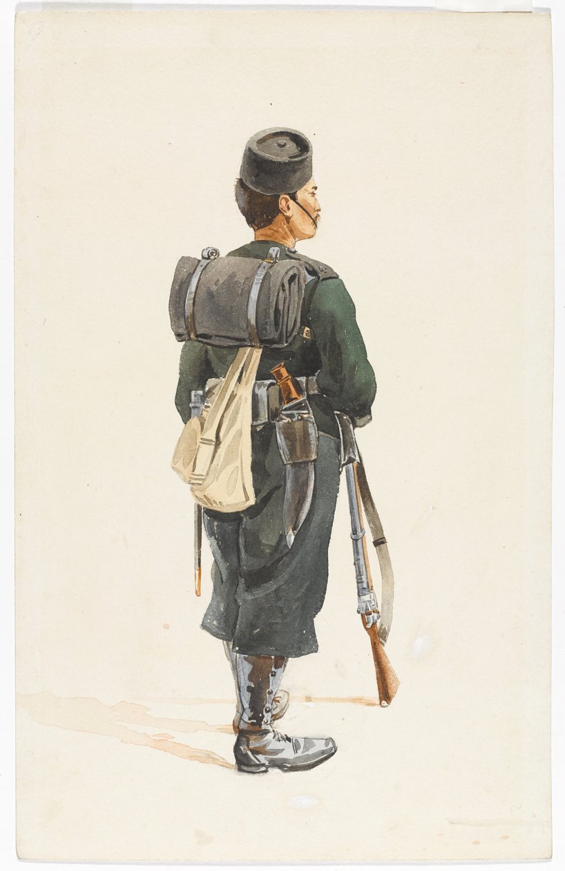 Rifleman fra 4th Gurkha Regiment i marsjerende rekkefølge, 1890 av Alfred Crowdy Lovett