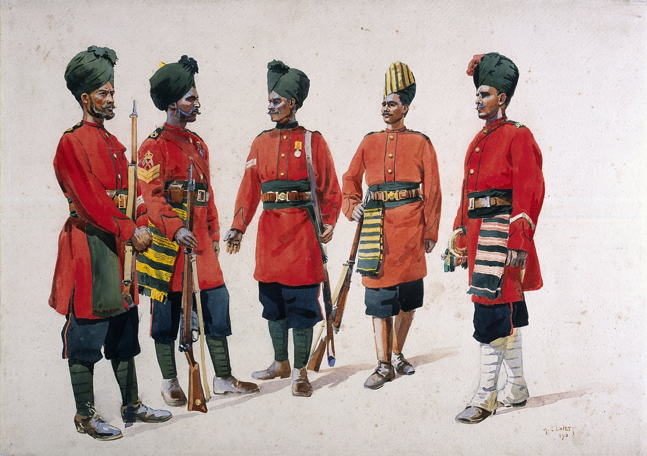 Soldiers of the Former 'Hyderabad Contingent Infantry', illustrasjon for 'Armies of India' av major GF MacMunn, utgitt i 1911, 1910 av Alfred Crowdy Lovett