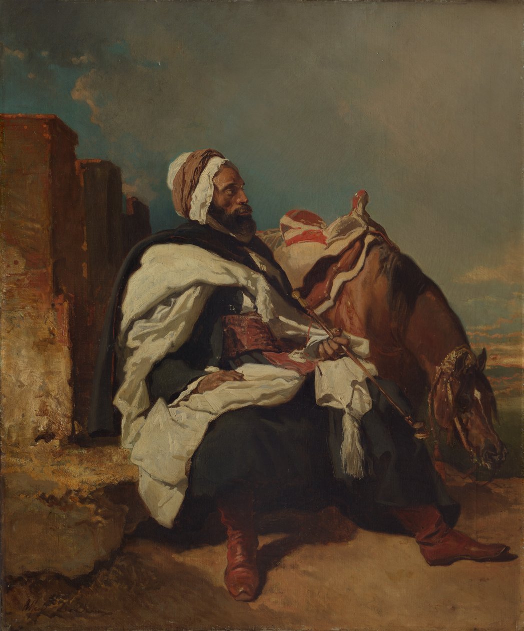 Sittende arabisk mann med hest, muligens ca. 1850-58. av Alfred Dedreux