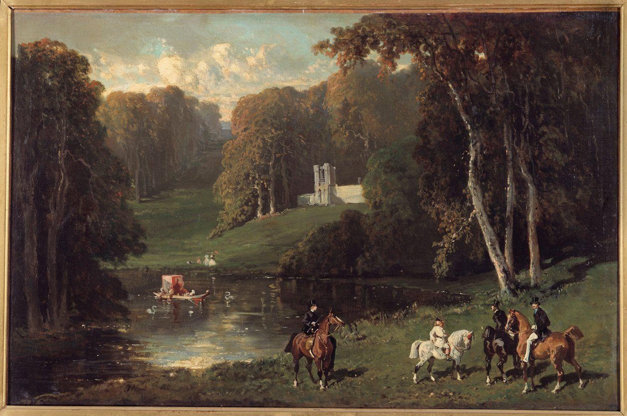 Ryttere og amasoner ved bredden av en innsjø Maleri av Alfred de Dreux (1810-1860) Søn fra 1800-tallet. 0,43x0,65 m av Alfred Dedreux