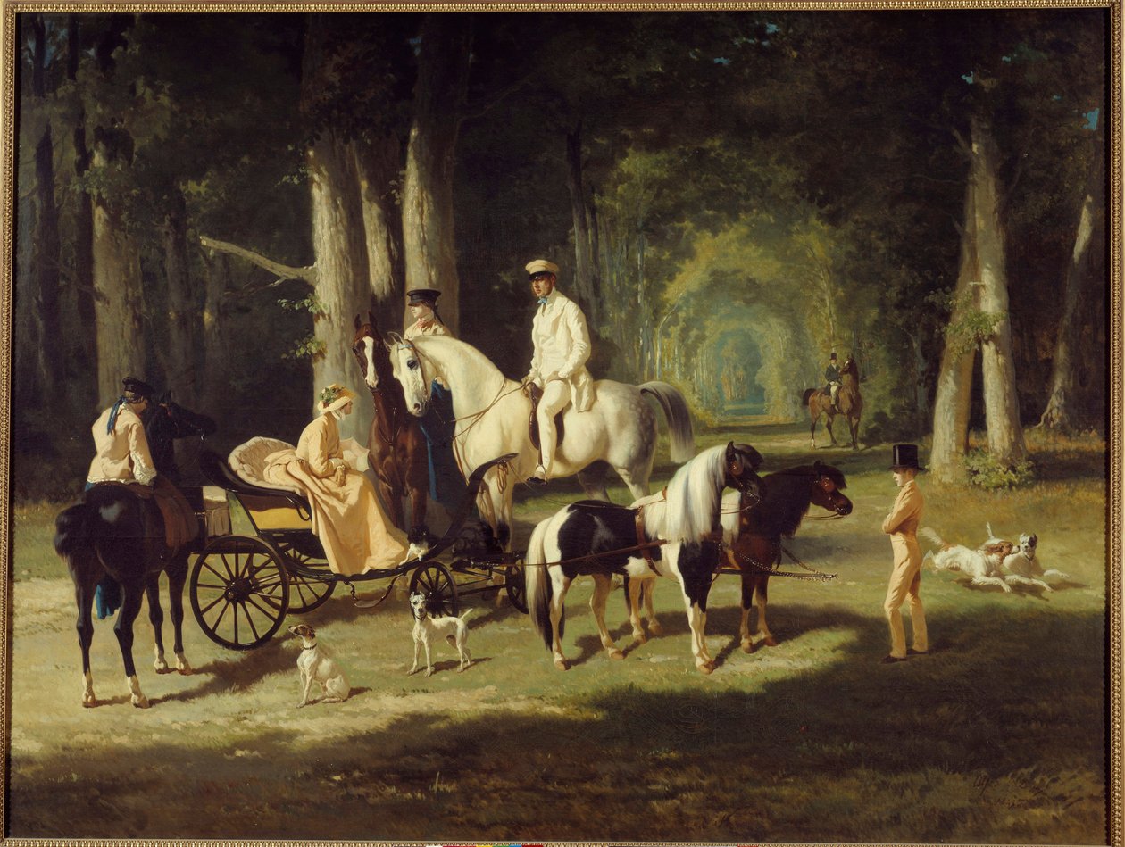 Herr og fru A. Mosselman og deres to døtre går gjennom skogen på hesteryggen. Maleri av Alfred de Dreux (1810-1860) 1848 Søn. 2x2,65 m Paris, museum for Petite Palais av Alfred Dedreux