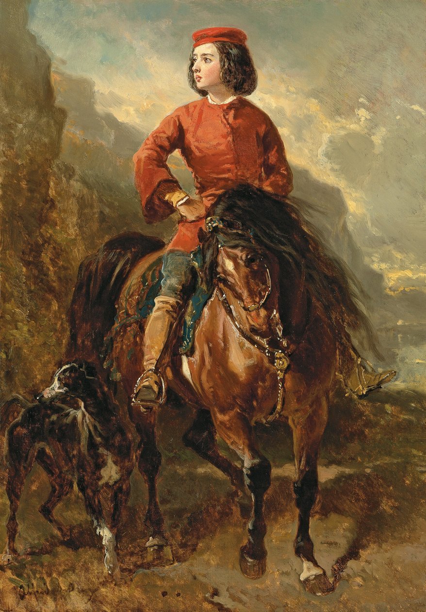 Young Rider på en Shetland, med en Greyhound; Jeune cavalier montant un shetland et levrier, 1800-tallet av Alfred Dedreux