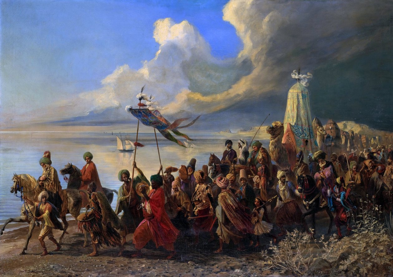 Pilegrimsreise til de såkalte hellige stedene i byen Mekka i Saudi-Arabia - Hajj - maleri av Alfred (Edme-Alexis-Alfred) DEHODENCQ (1822-1882) - privat samling - av Alfred Dehodencq