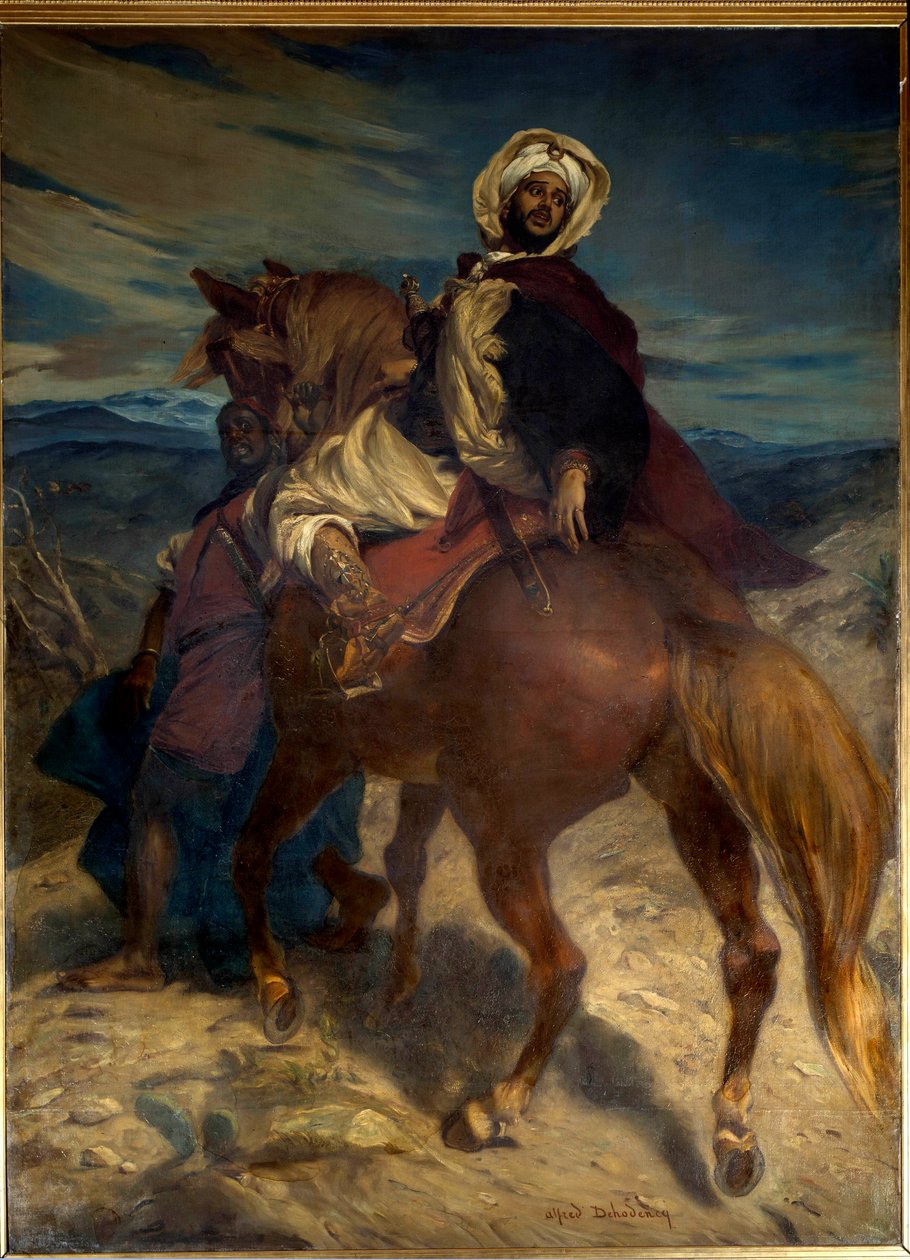 Reconquista: “” The Farewell of King Boabdil to Granada”” Kong Boabdil (Abu Abd Allah) overleverte nøklene til byen til de spanske herskerne 02.01.1492. Maleri av Alfred Dehodencq (1822-1882) 1800-tallet. Dim. 3,7x2,7 m. Paris, Musee d