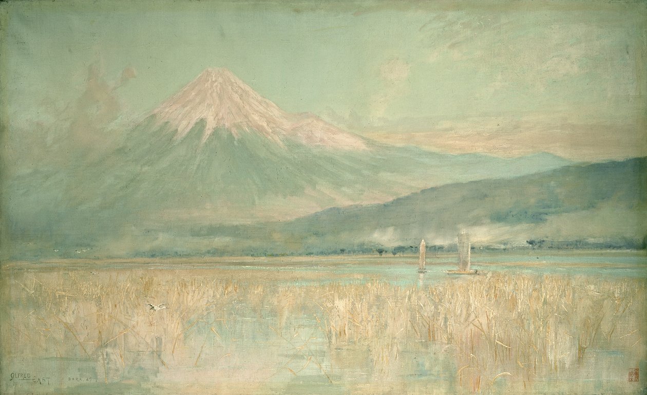 Daggry på det hellige fjell, Fuji-solen halvt skjult i skyene, 1889 av Alfred East
