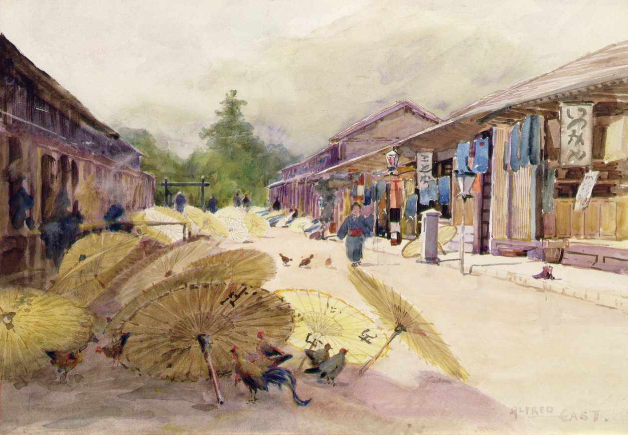 Tørke paraplyer etter en regnstorm, ca. 1889 (akvarell på papir) av Alfred East