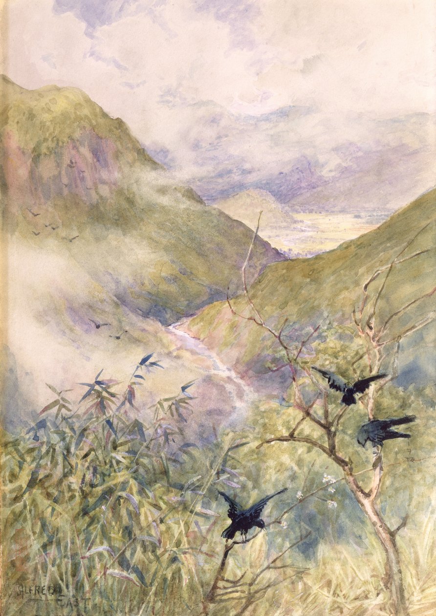 Ser over liljene: Nikko-dalen ser østover mot provinsen Shimo-no-Tsuke, ca. 1889 (wc på papir) av Alfred East