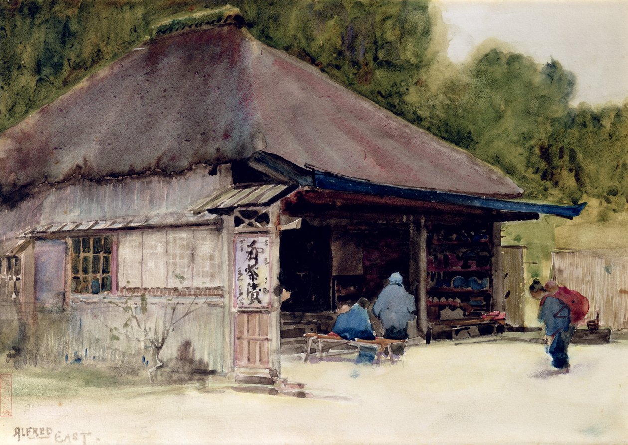 Tea-house i landsbyen Hakone, ca. 1889 (wc og blyant på papir) av Alfred East
