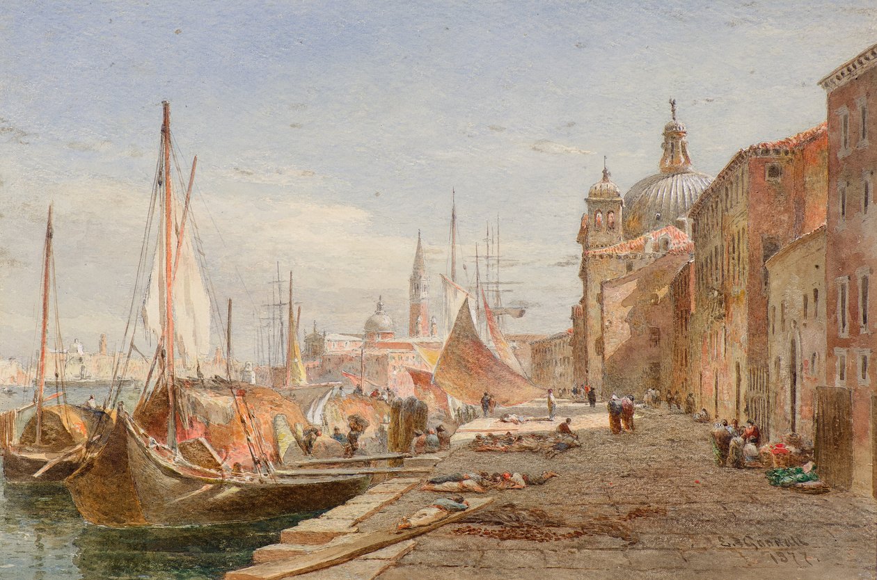 Lektere ved en kai, Venezia av Alfred Edward Goodall