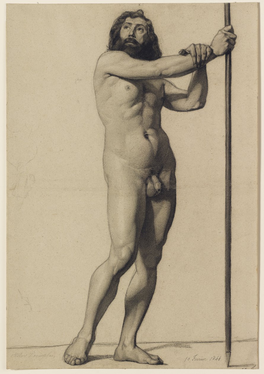 Studie av akademisk figur: naken mann som holder en stab, 1844 av Alfred Emile Stevens