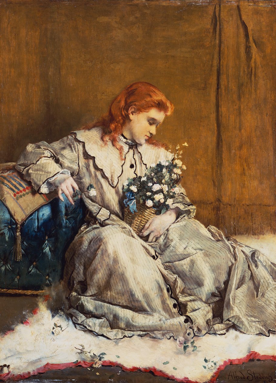 Daydream, ung rødhodet jente med blå ottoman av Alfred Emile Stevens