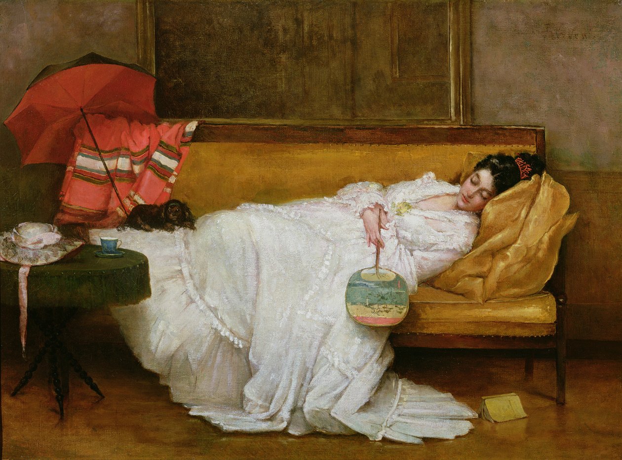 Jente i en hvit kjole hviler på en sofa av Alfred Emile Stevens