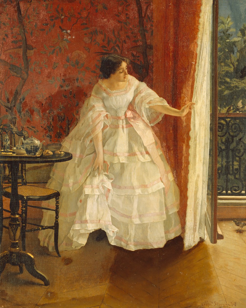 Dame ved et vindu mater fugler, ca. 1859 av Alfred Emile Stevens