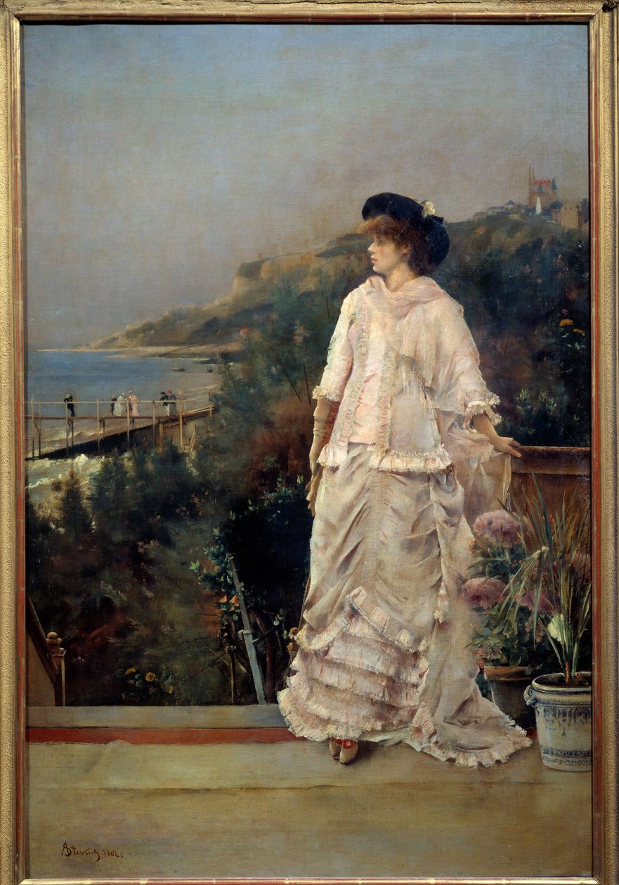 Portrett av en kvinne på en terrasse ved havet Maleri av Alfred Stevens (1823-1906) 1882 Søn. 1,1x0,66 m Paris, musee d