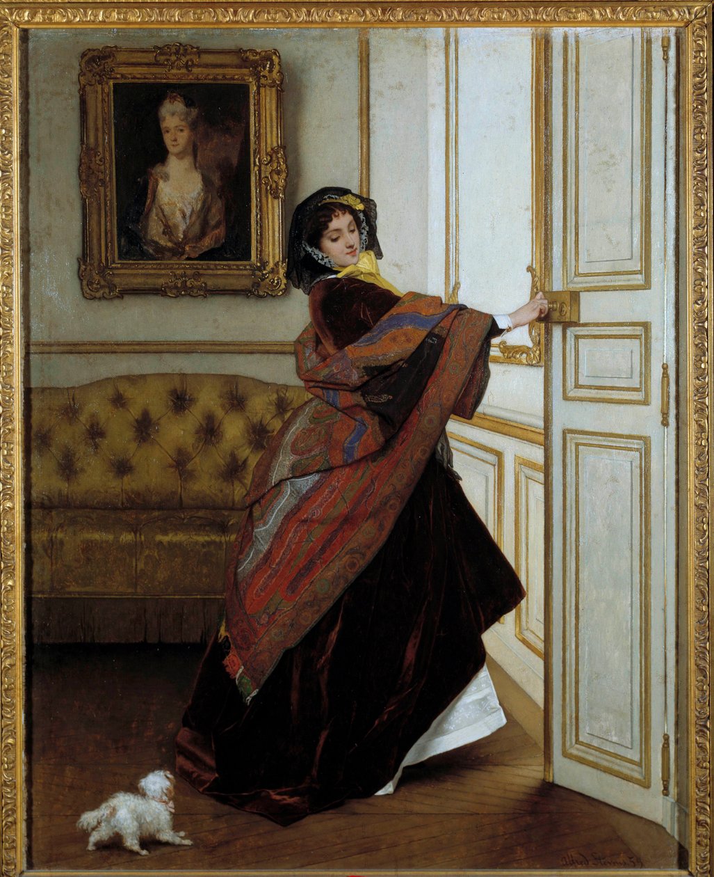 Damen med den lille hunden Maleri av Alfred Stevens (1823-1906) 1859. Olje på lerret. Mål: 61,6x48,9cm. Privat samling av Alfred Emile Stevens