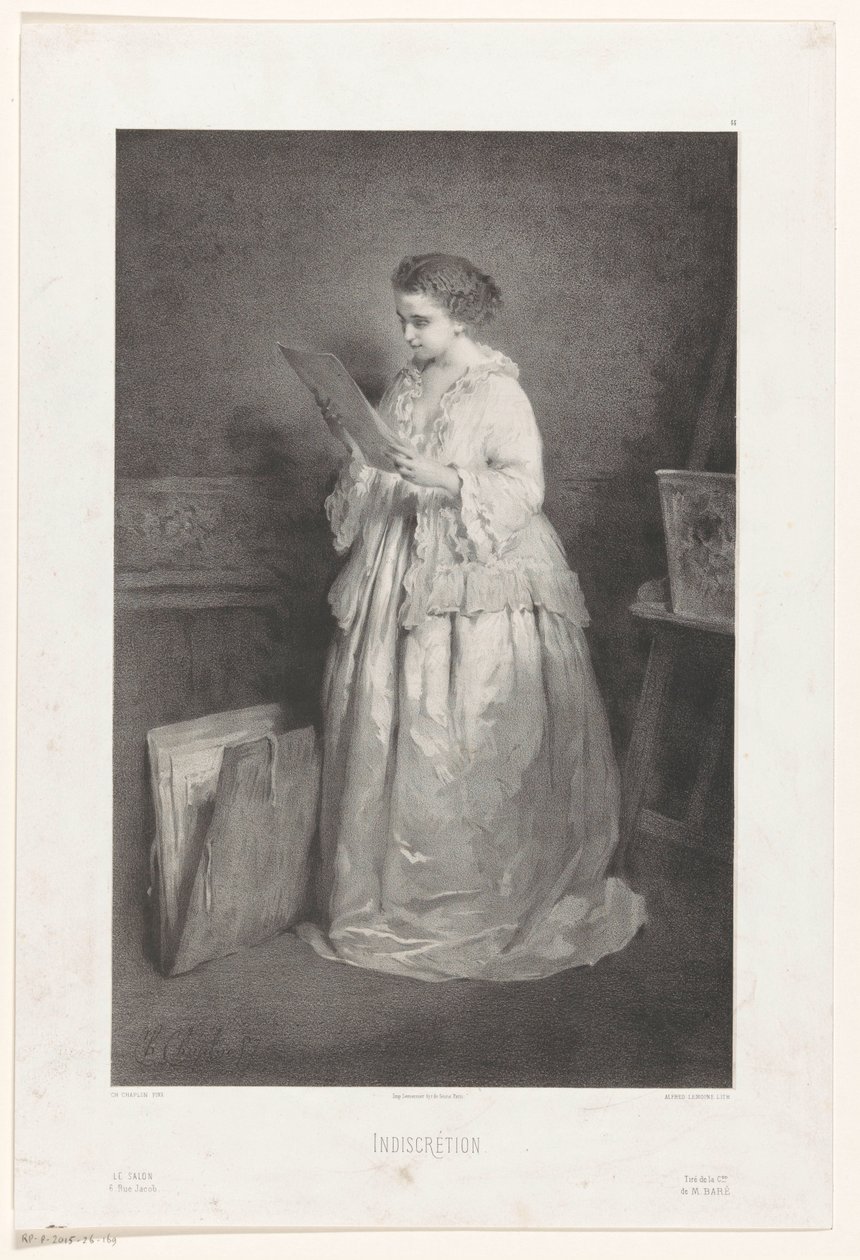 Jonge vrouw bekijkt een prent of tekening Indiscrétion (title on object)   1383408   no       norwegian Successfully Translated  Original: Preparatory decoration for the play "Sister Beatrice" by Maurice Maeterlinck Translat: Preparatory decoration for the av Alfred François Lemoine