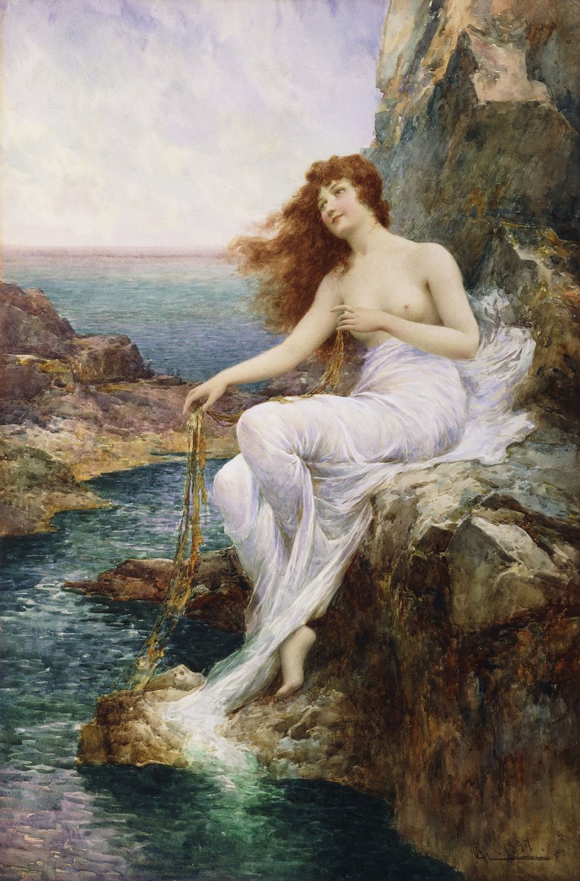 En sjønymfe sittende på en stein med et bånd av tang, 1897 av Alfred Glendening