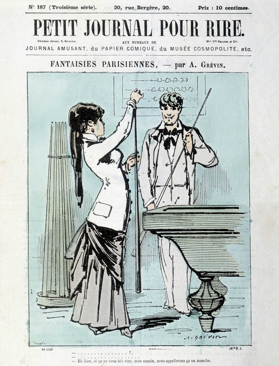 Parisiske fantasier av A. Grévin: Vel, hvis du ikke har noe imot, fetteren min, vil vi kalle det en erme. Biljardspiller - cover av "Little Diary for Laughs" fra desember 1903 av Alfred Grevin