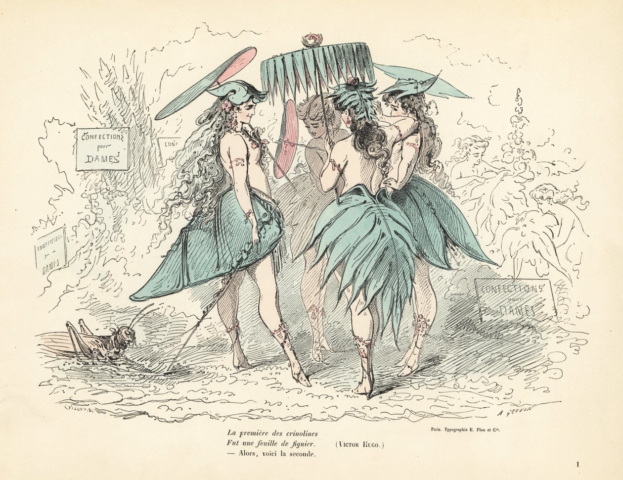 Kvinner kledd kun i fikenbladskjoler og hatter, holder blad pa av Alfred Grevin