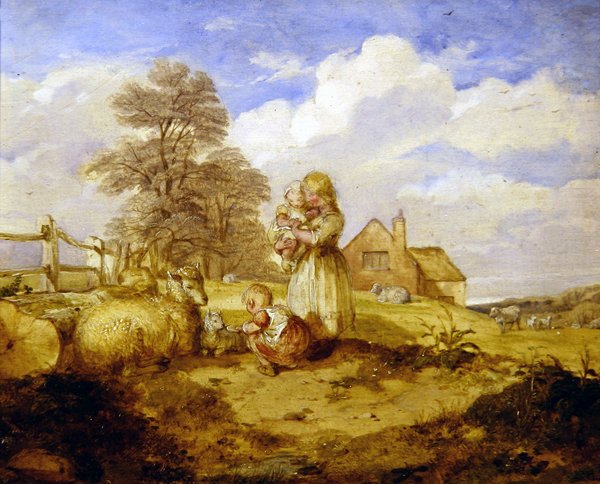 Barn og sauer under et tre (olje på lerret) av Alfred H. Green