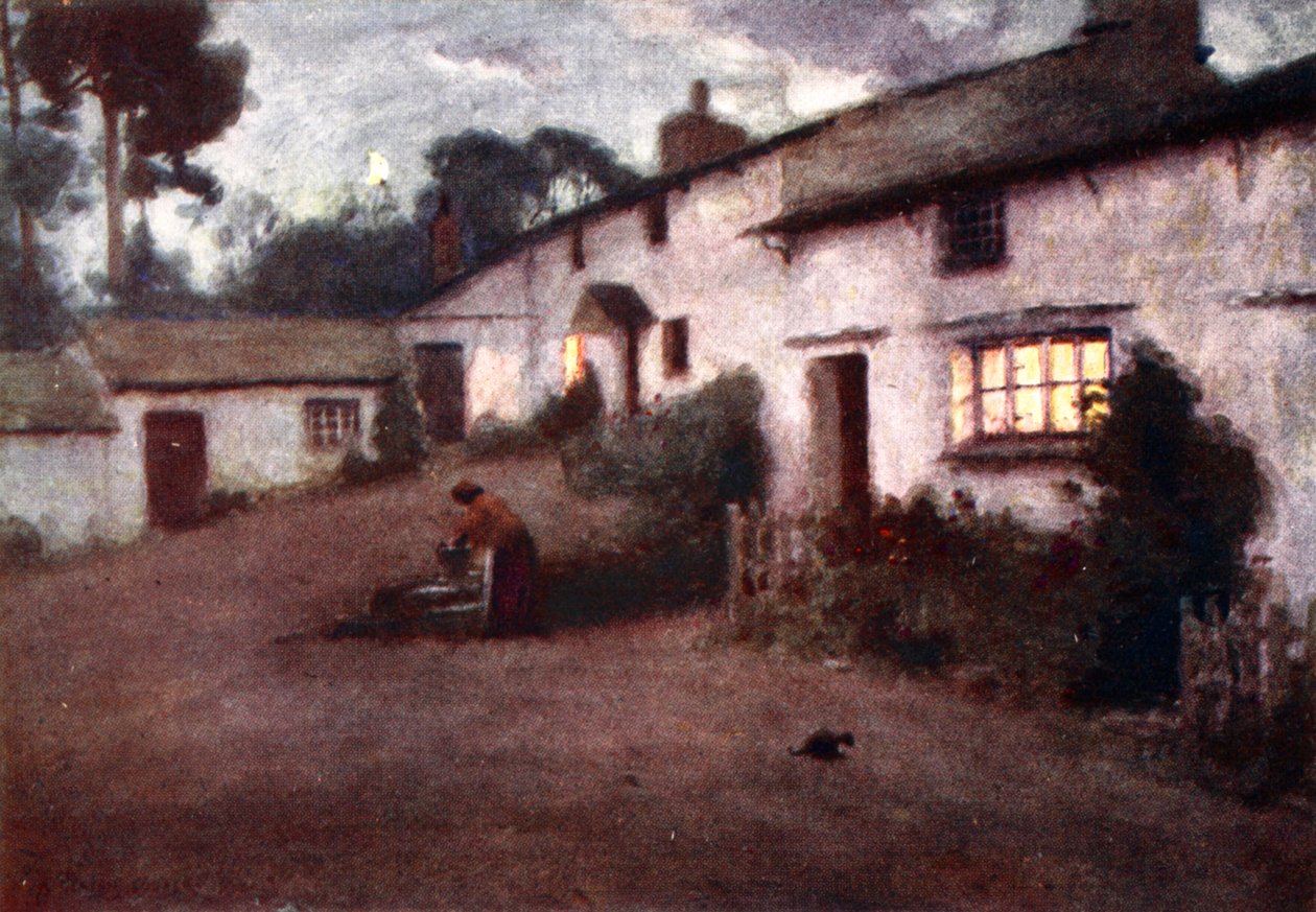 Moonlight and Lamplight - Consiton Village, fra en portefølje med trykk fra de originale akvarellene, ca. 1920 av Alfred Heaton Cooper